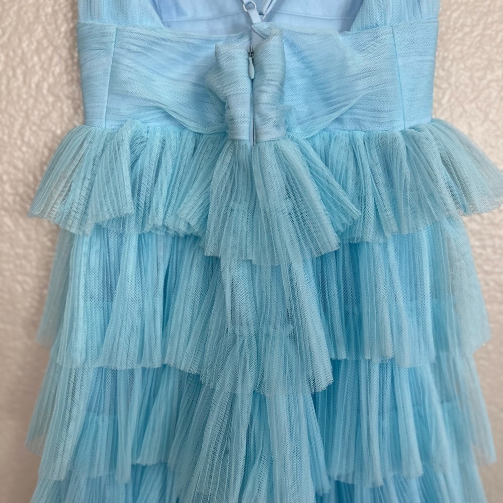 NWOT Radiant Event Light Blue Mesh Tiered Pleated Backless Maxi Dress - Picture 7 of 9